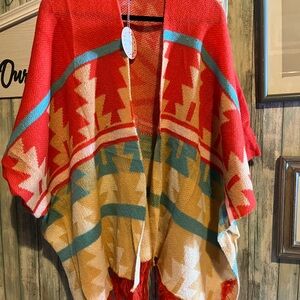 Umgee Red and Beige Geometric Women's Poncho